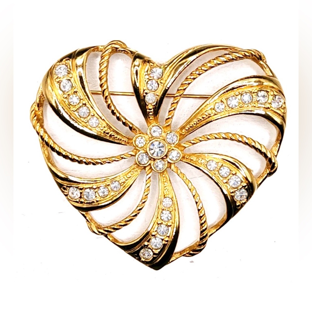 Vintage Treasures Antique Jewelry Gold Avon Line Rhinestone Heart Pin Brooch
